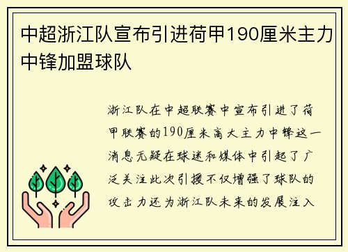 中超浙江队宣布引进荷甲190厘米主力中锋加盟球队